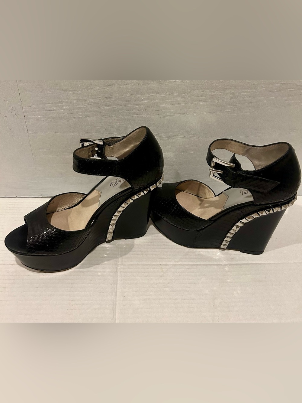 Michael Kors Black Textured Platform Wedge Sandals with Stud Detail - Picture 2 of 5